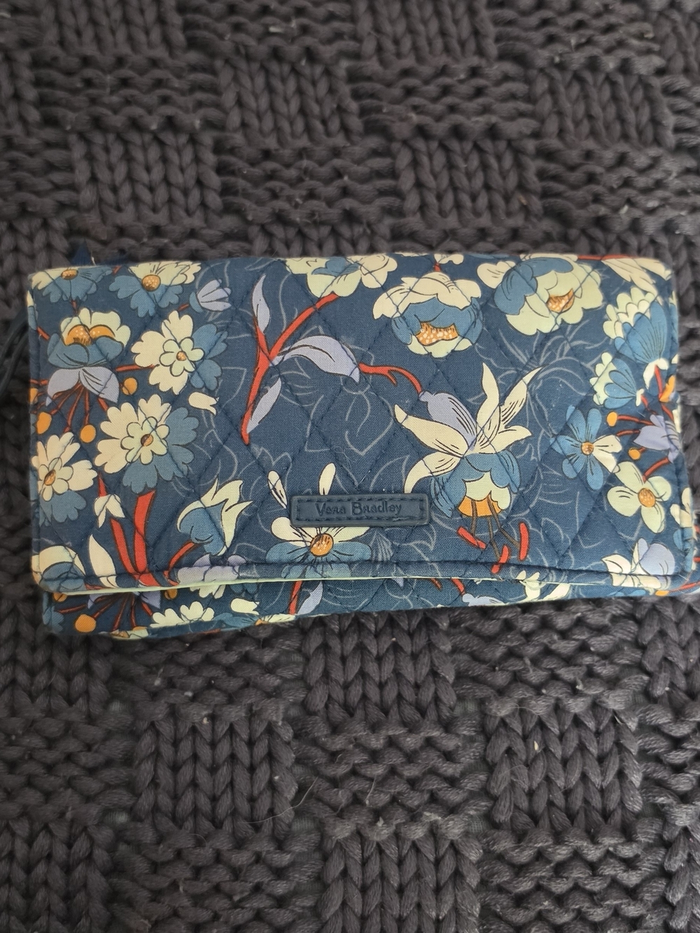 Vera Bradley Navy Blue Floral Quilted Wallet with Cream & Red Accents